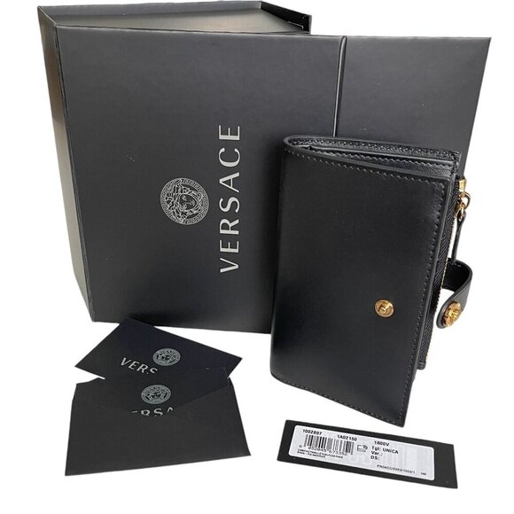 Versace 1002897 Medusa Gold Compact Black Leather Folding Wallet - Picture 7 of 15